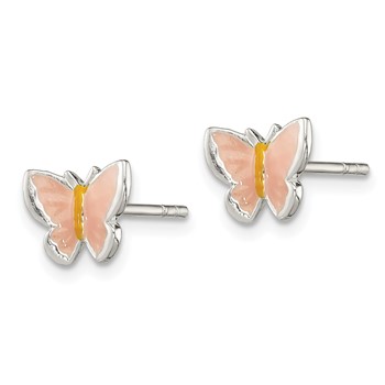 Sterling Silver Polished Pink & Orange Enameled Butterfly Children's Post Earrings — alternate view