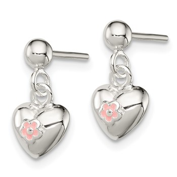 Sterling Silver Polished Pink Enamel Flower Heart Children's Post Dangle Earrings — alternate view