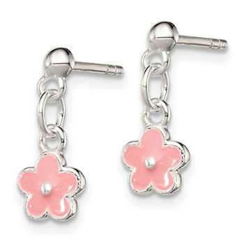 Sterling Silver Polished Pink Enameled Flower Children's Post Dangle Earrings — alternate view