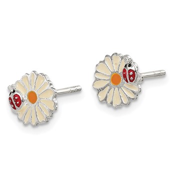 Sterling Silver Polished & Multi-color Enameled Flower & Ladybug Children's Post Earrings — alternate view