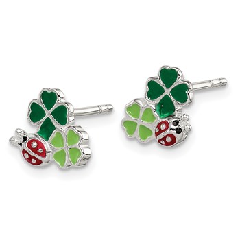 Sterling Silver Enamel Ladybug & Clovers Children's Post Earrings — alternate view