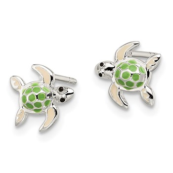Sterling Silver Polished Multi-color Enameled Sea Turtle Children's Post Earrings — alternate view