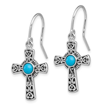 Sterling Silver Antiqued Recon Turquoise Cross Shepherd Hook Earrings — alternate view