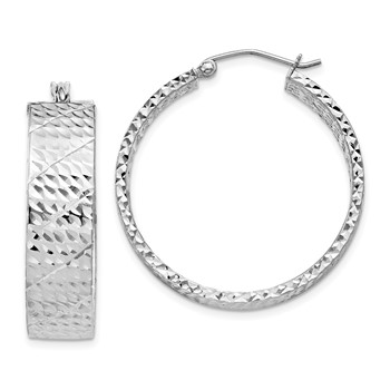 Sterling Silver Rhodium-plated Diamond-cut 7.75x30mm Hoop Earrings