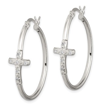 Sterling Silver Polished CZ Cross 2.5mm Round Hoop Earrings — alternate view