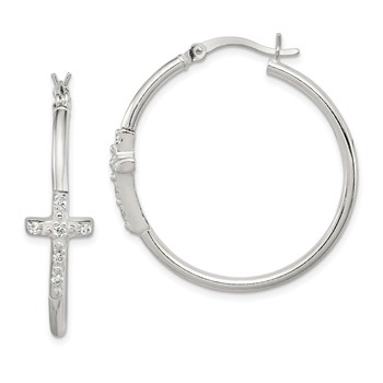 Sterling Silver Polished CZ Cross 2.5mm Round Hoop Earrings