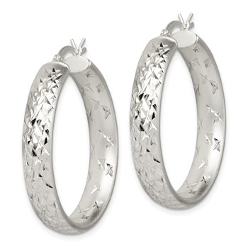 Sterling Silver Satin & Diamond-cut 5mm Round Hoop Earrings — alternate view