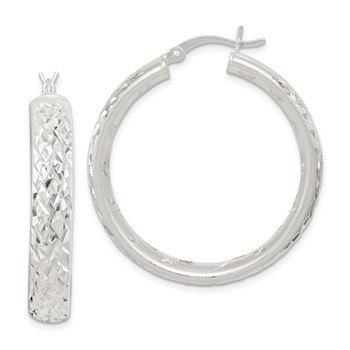 Sterling Silver Satin & Diamond-cut 5mm Round Hoop Earrings