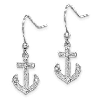 Sterling Silver Rhodium-plated Polished CZ Anchor Shepherd Hook Earrings — alternate view