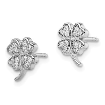 Sterling Silver Rhodium-plated Polished CZ 4 Leaf Clover Post Earrings — alternate view