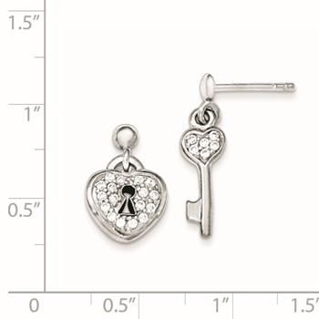 Sterling Silver Polished CZ Heart Lock & Key Post Dangle Earrings — alternate view
