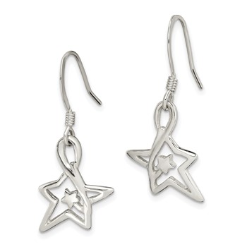 Sterling Silver Polished Diamond-cut Star Dangle Earrings — alternate view