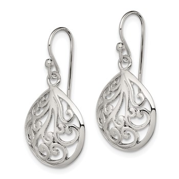 Sterling Silver Polished Filigree Swirl Wide Teardrop Dangle Earrings — alternate view