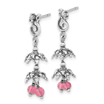Sterling Silver Antiqued CZ & Glass Beads Post Dangle Earrings — alternate view