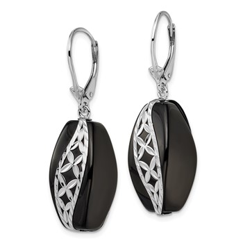 Sterling Silver Rhod-plated Polished & D/C Onyx Leverback Dangle Earrings — alternate view