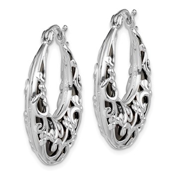 Sterling Silver Rhodium-plated Polished Onyx Filigree Round Hoop Earrings — alternate view