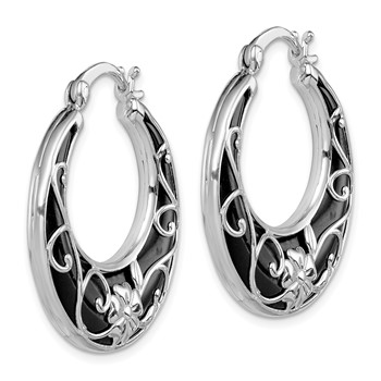 Sterling Silver Rhodium-plated Polished Onyx Floral Round Hoop Earrings — alternate view