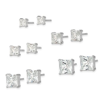 Sterling Silver Polished Square CZ 5-Pair Post Earrings Set — alternate view