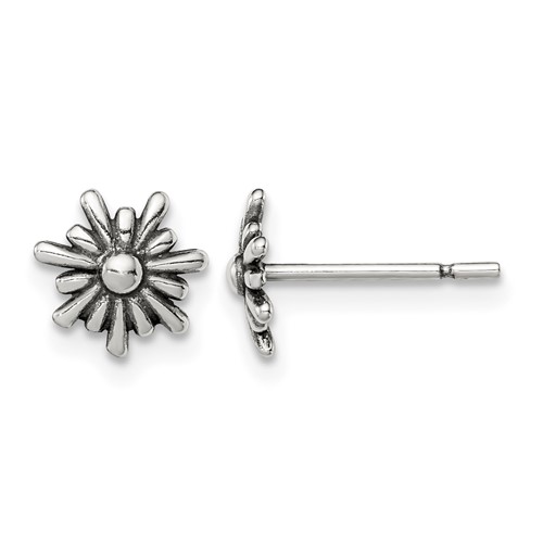 Sterling Silver Polished and Antiqued Flower Post Earrings