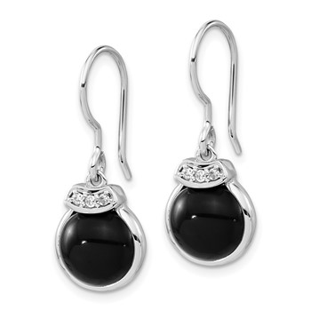 Sterling Silver Polished Round Black Agate & CZ Dangle Earrings — alternate view
