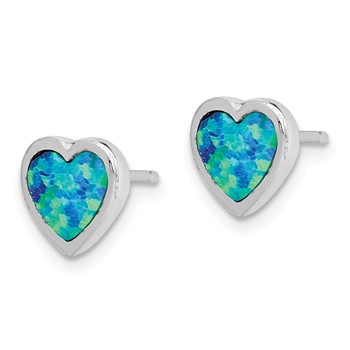 Sterling Silver Rhodium-plated 9mm Blue Created Opal Heart Post Earrings — alternate view