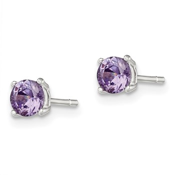 Sterling Silver Polished Round 4mm Purple CZ Stud Earrings — alternate view