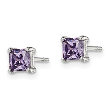 Sterling Silver Polished Square 4mm Purple CZ Stud Earrings — alternate view