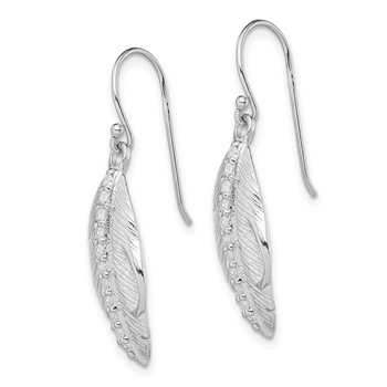 Sterling Silver RH-plated CZ Textured Feather Shepherd Hook Earrings — alternate view