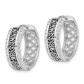 Sterling Silver Polished White & Black Crystal Hinged Round Hoop Earrings — alternate view