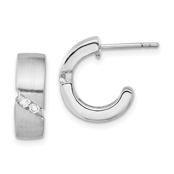 Sterling Silver Polished & Brushed CZ Post Hoop Earrings
