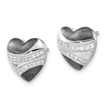 Sterling Silver w/ Black Rhodium Polished & Satin CZ Heart Post Earrings — alternate view