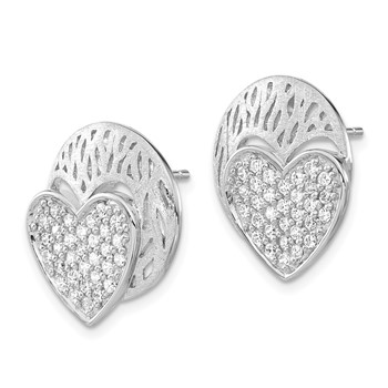 Sterling Silver Polished & Brushed CZ Heart Circle Post Earrings — alternate view