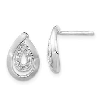 Sterling Silver Brushed CZ Teardrop Post Earrings