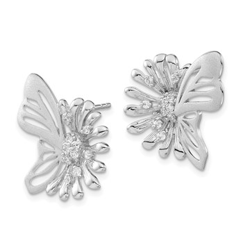 Sterling Silver Polished & Satin Flower Butterfly CZ Post Earrings — alternate view