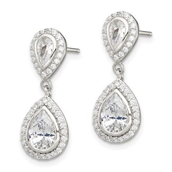 Sterling Silver Rhodium-plated Polished CZ Pear Halo Post Dangle Earrings — alternate view