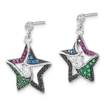 Sterling Silver w/ Black Rhodium Synthetic Spinel, Syn. Ruby & CZ Star Post Dangle Earrings — alternate view