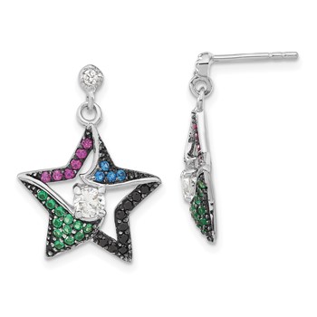 Sterling Silver w/ Black Rhodium Synthetic Spinel, Syn. Ruby & CZ Star Post Dangle Earrings
