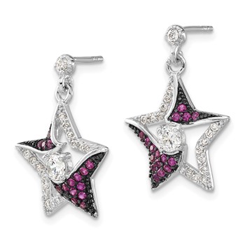 Sterling Silver w/ Black Rhodium Syn. Ruby & CZ Star Post Dangle Earrings — alternate view