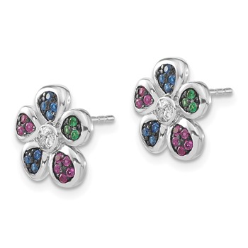 Sterling Silver w/ Black Rhodium Synthetic Ruby, Spinel & CZ Flower Post Earrings — alternate view