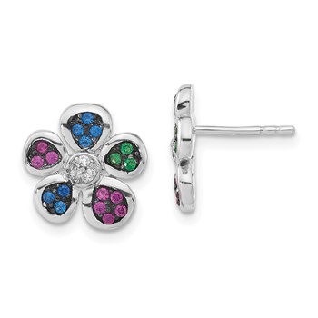 Sterling Silver w/ Black Rhodium Synthetic Ruby, Spinel & CZ Flower Post Earrings