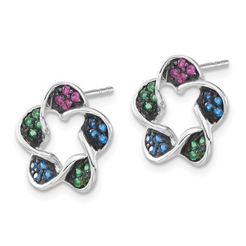 Sterling Silver w/ Black Rhodium Polished Synthetic Stones Flower Post Earrings — alternate view