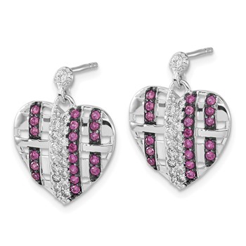 Sterling Silver w/ Black Rhodium Synthetic Ruby & CZ Heart Post Dangle Earrings — alternate view