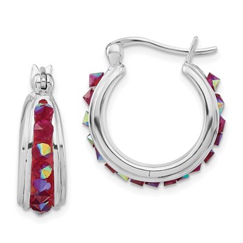 Sterling Silver Polished Pink Crystal Round Hoop Earrings