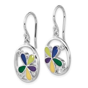 Sterling Silver Enameled & CZ Flower Oval Shepherd Hook Dangle Earrings — alternate view