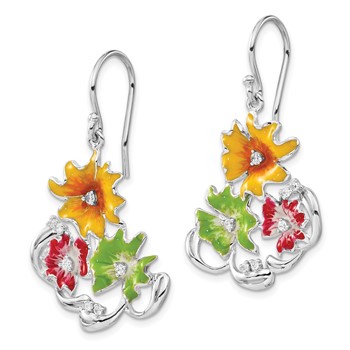 Sterling Silver Red, Green & Yellow Enamel CZ Flowers Dangle Earrings — alternate view