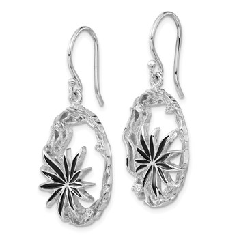 Sterling Silver Polished & Textured Black Enamel CZ Flower Dangle Earrings — alternate view