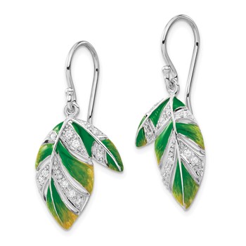 Sterling Silver Green & Yellow Enameled CZ Leaf Dangle Earrings — alternate view