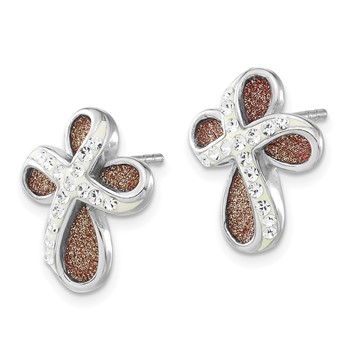 Sterling Silver Polished Pink Laser Glitter & Crystal Cross Post Earrings — alternate view