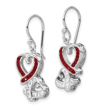 Sterling Silver Red & White Crystal Two Heart Dangle Earrings — alternate view