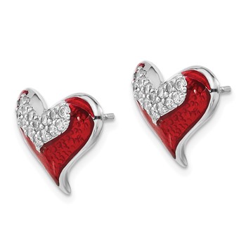 Sterling Silver Polished Red Enamel CZ Heart Post Earrings — alternate view